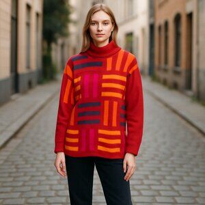 Women's Red Striped Pullover Turtleneck Sweater - L